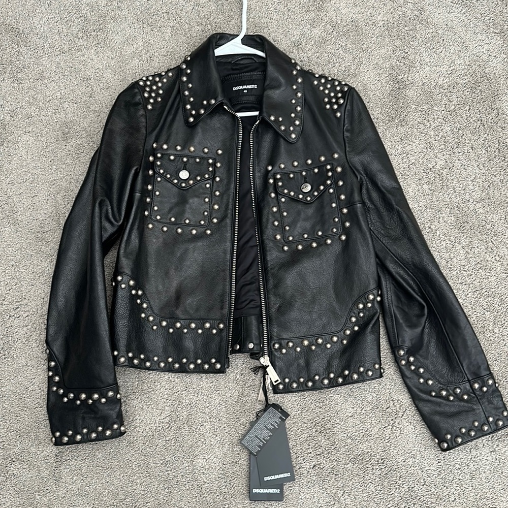 DSQUARED2 Black Leather Studded Biker Jacket